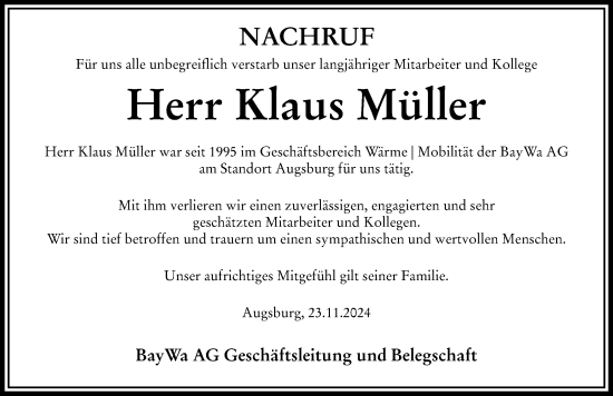 Traueranzeige von Klaus Müller von Friedberger Allgemeine, Schwabmünchner Allgemeine, Augsburg-Land