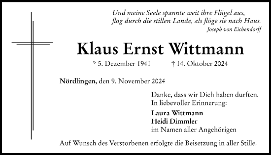 Traueranzeige von Klaus Ernst Wittmann von Rieser Nachrichten