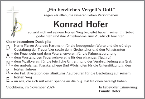 Traueranzeige von Konrad Hofer von Mindelheimer Zeitung