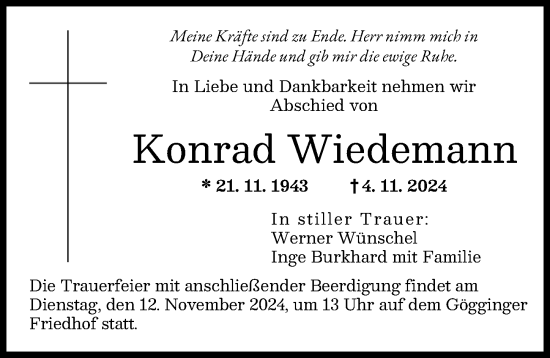 Traueranzeige von Konrad Wiedemann von Augsburger Allgemeine