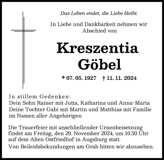 Traueranzeige von Kreszentia Göbel von Augsburger Allgemeine