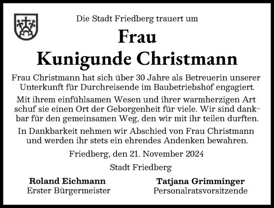 Traueranzeige von Kunigunde Christmann von Friedberger Allgemeine