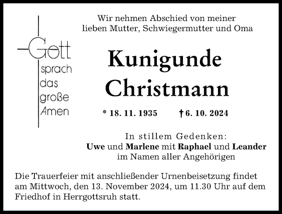 Traueranzeige von Kunigunde Christmann von Friedberger Allgemeine