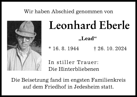 Traueranzeige von Leonhard Eberle von Illertisser Zeitung