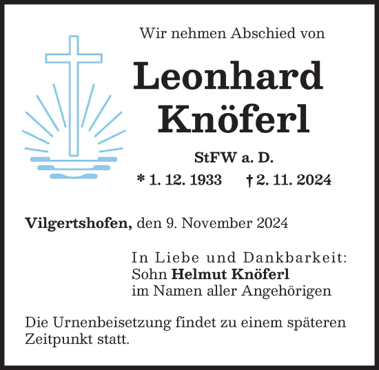 Traueranzeige von Leonhard Knöferl von Landsberger Tagblatt