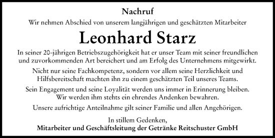 Traueranzeige von Leonhard Starz von Rieser Nachrichten