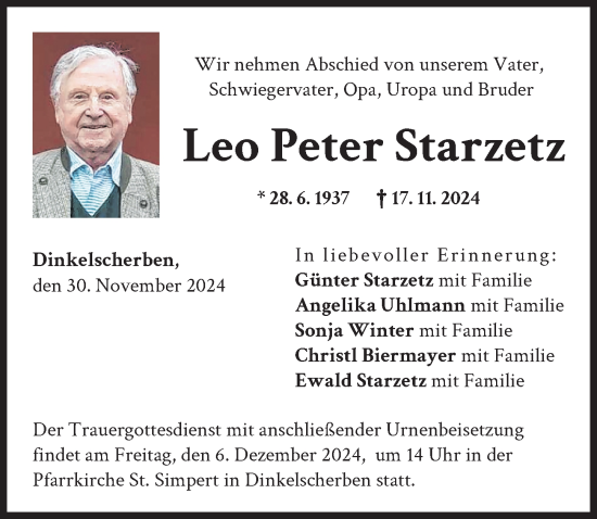 Traueranzeige von Leo Peter Starzetz von Augsburger Allgemeine
