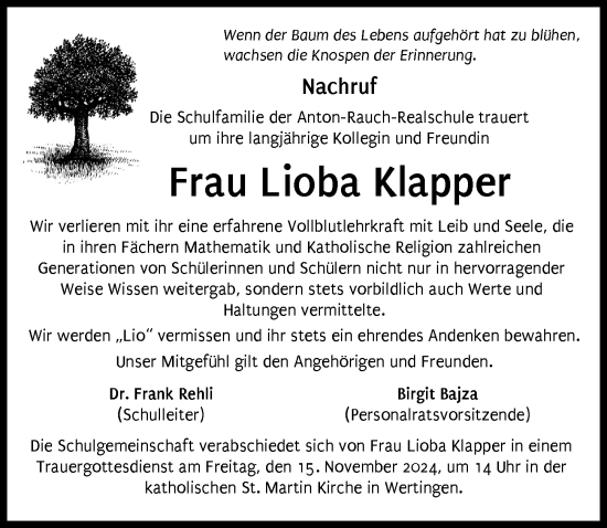 Traueranzeige von Lioba Klapper von Wertinger Zeitung