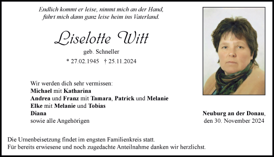 Traueranzeige von Liselotte Witt von Neuburger Rundschau