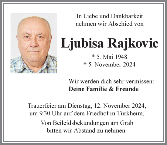 Traueranzeige von Ljubisa Rajkovic von Mindelheimer Zeitung