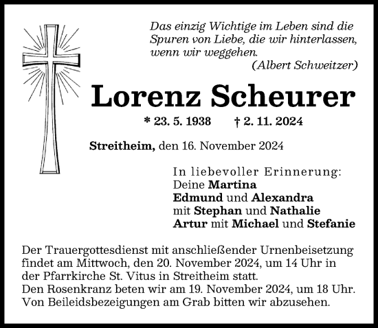 Traueranzeige von Lorenz Scheurer von Augsburg-Land