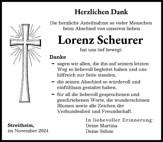 Traueranzeige von Lorenz Scheurer von Augsburg-Land