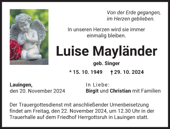 Traueranzeige von Luise Mayländer von Donau Zeitung