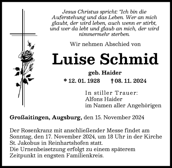 Traueranzeige von Luise Schmid von Augsburger Allgemeine