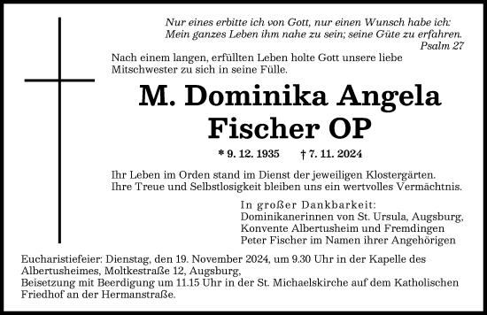 Traueranzeige von M. Dominika Angela Fischer von Augsburger Allgemeine