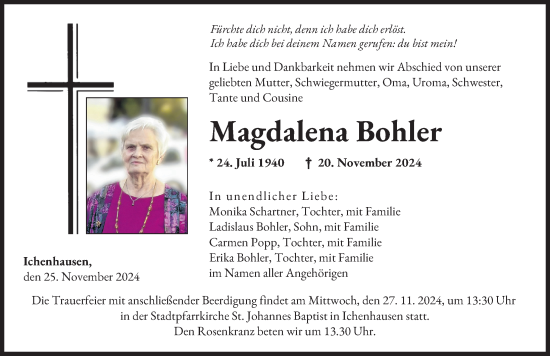Traueranzeige von Magdalena Bohler von Günzburger Zeitung