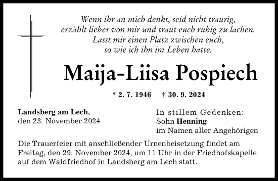 Traueranzeige von Maija-Liisa Pospiech von Landsberger Tagblatt