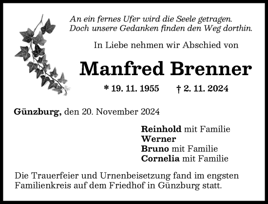 Traueranzeige von Manfred Brenner von Günzburger Zeitung