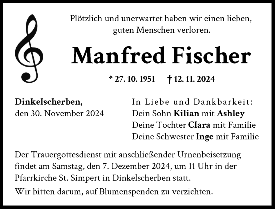 Traueranzeige von Manfred Fischer von Augsburger Allgemeine