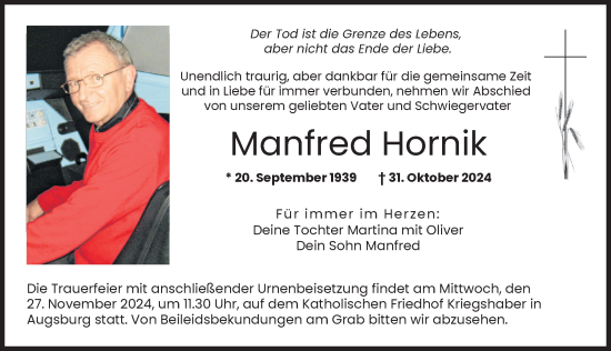 Traueranzeige von Manfred Hornik von Augsburger Allgemeine