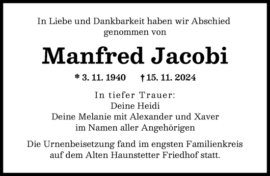 Traueranzeige von Manfred Jacobi von Augsburger Allgemeine
