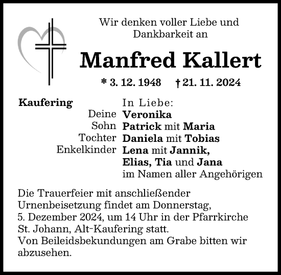 Traueranzeige von Manfred Kallert von Landsberger Tagblatt