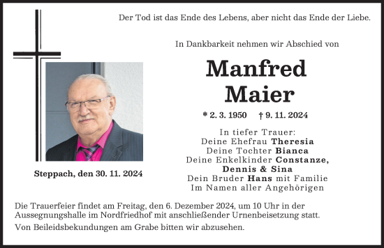 Traueranzeige von Manfred Maier von Augsburger Allgemeine