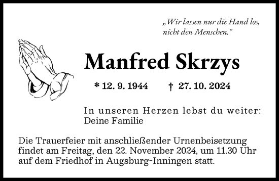 Traueranzeige von Manfred Skrzys von Augsburger Allgemeine