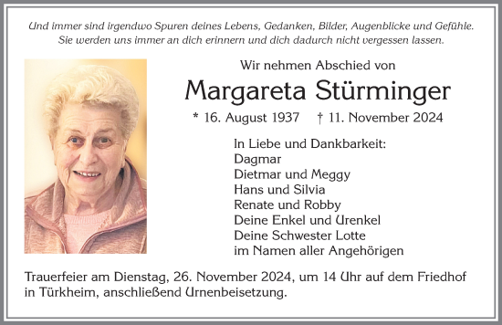 Traueranzeige von Margareta Stürminger von Mindelheimer Zeitung