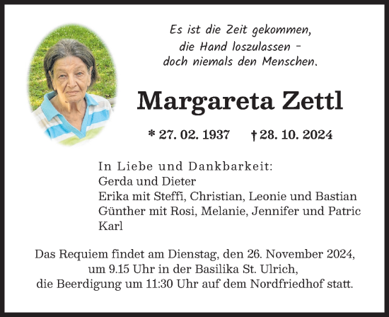 Traueranzeige von Margareta Zettl von Augsburger Allgemeine