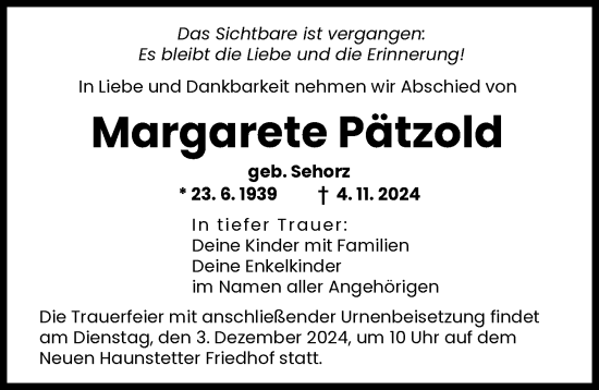 Traueranzeige von Margarete Pätzold von Augsburger Allgemeine