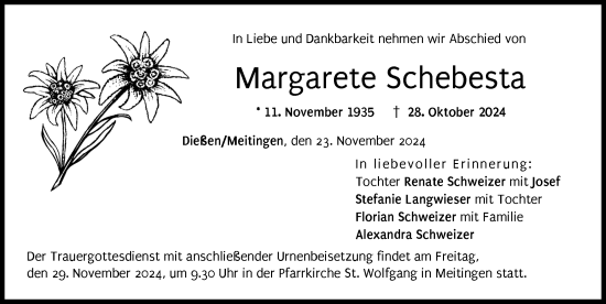 Traueranzeige von Margarete Schebesta von Augsburg-Land