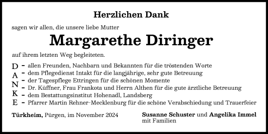 Traueranzeige von Margarethe Diringer von Landsberger Tagblatt, Mindelheimer Zeitung