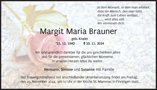 Traueranzeige von Margit Maria Brauner von Augsburger Allgemeine, Neu-Ulmer Zeitung