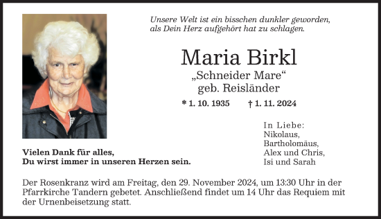 Traueranzeige von Maria Birkl von Aichacher Nachrichten