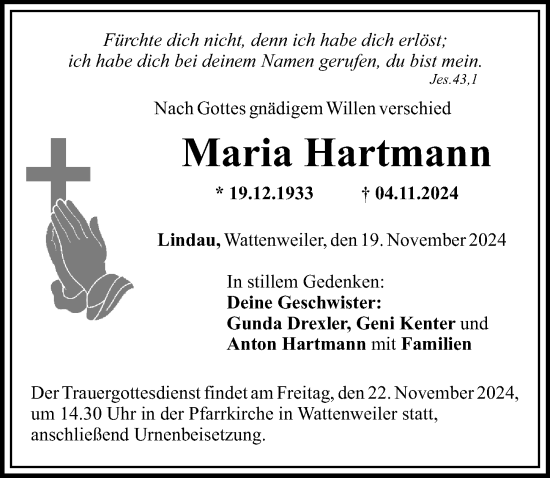 Traueranzeige von Maria Hartmann von Mittelschwäbische Nachrichten