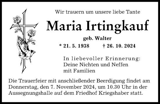 Traueranzeige von Maria Irtingkauf von Augsburger Allgemeine