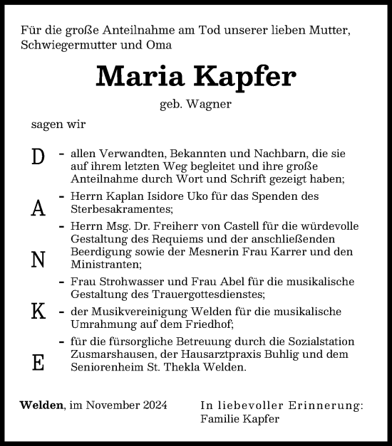 Traueranzeige von Maria Kapfer von Augsburger Allgemeine