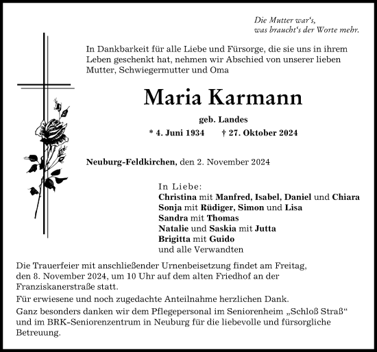 Traueranzeige von Maria Karmann von Neuburger Rundschau