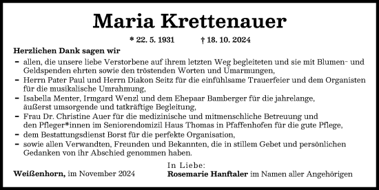 Traueranzeige von Maria Krettenauer von Neu-Ulmer Zeitung