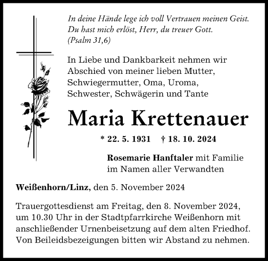 Traueranzeige von Maria Krettenauer von Neu-Ulmer Zeitung
