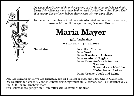 Traueranzeige von Maria Mayer von Donauwörther Zeitung