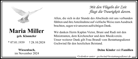 Traueranzeige von Maria Miller von Mittelschwäbische Nachrichten