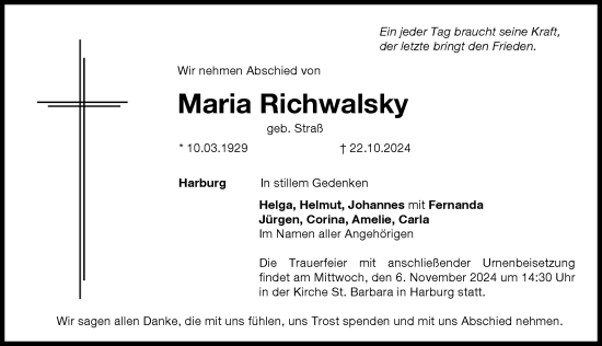 Traueranzeige von Maria Richwalsky von Donauwörther Zeitung