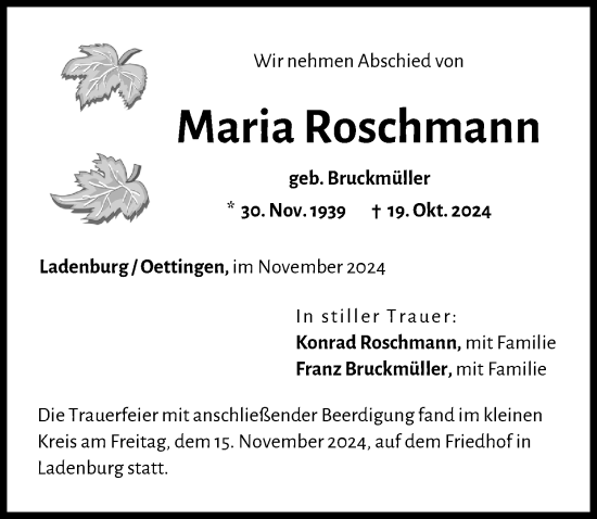 Traueranzeige von Maria Roschmann von Rieser Nachrichten
