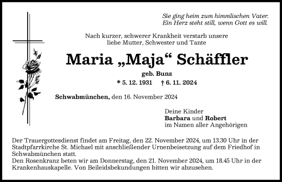Traueranzeige von Maria Schäffler von Schwabmünchner Allgemeine