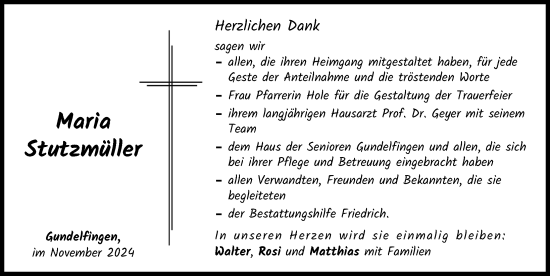Traueranzeige von Maria Stutzmüller von Donau Zeitung