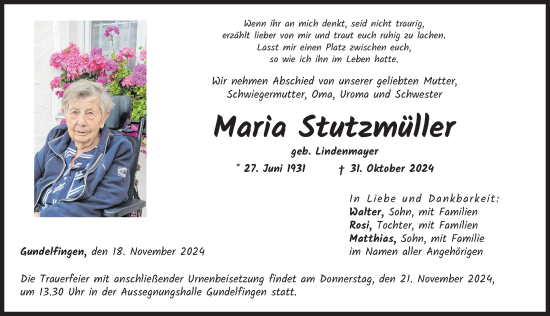 Traueranzeige von Maria Stutzmüller von Donau Zeitung