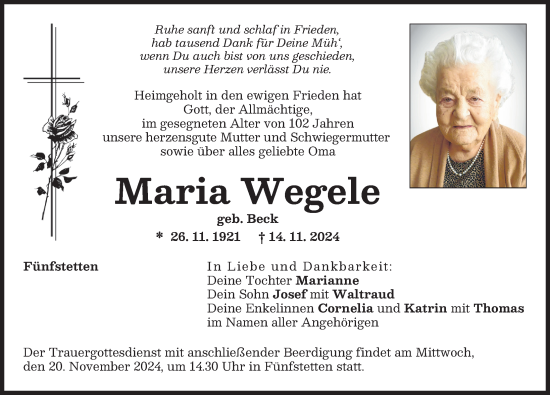 Traueranzeige von Maria Wegele von Donauwörther Zeitung