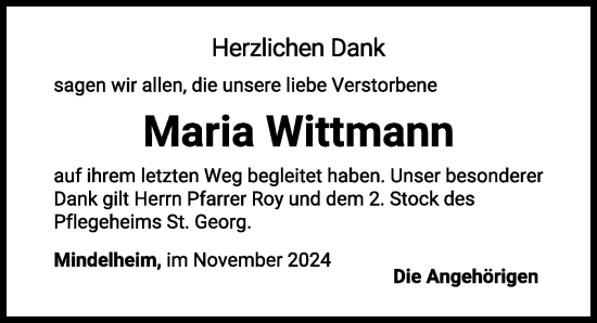 Traueranzeige von Maria Wittmann von Mindelheimer Zeitung